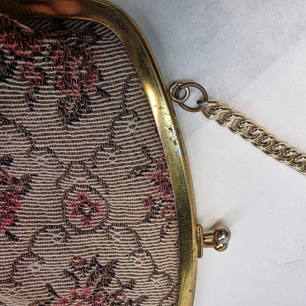 Vintage Floral‎ Tapestry Handbag Medium Pink Gold Kiss Lock Evening Bag Clutch - Picture 10 of 10